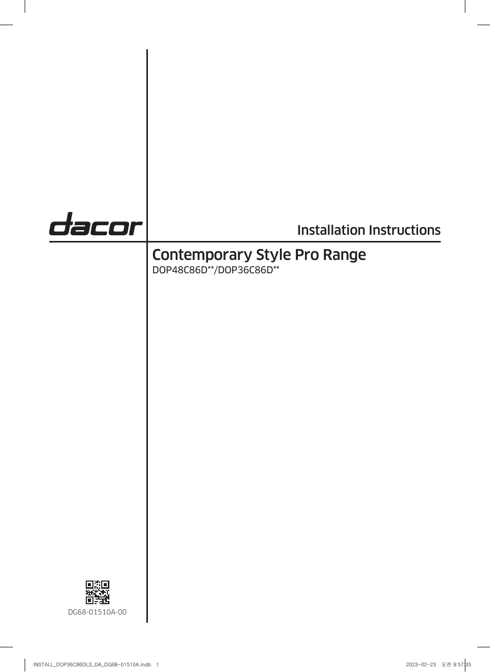 Dacor Contemporary 48 Inch Freestanding Dual Fuel Smart Steam Range Install Guide User Manual | 104 pages