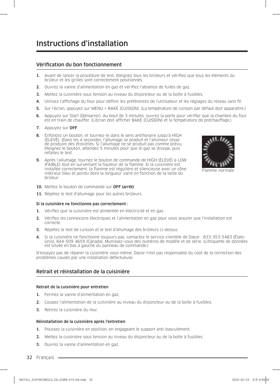 Vérification du bon fonctionnement, Retrait et réinstallation de la cuisinière, Instructions d’installation | Dacor Contemporary 48 Inch Freestanding Dual Fuel Smart Steam Range Install Guide User Manual | Page 100 / 104