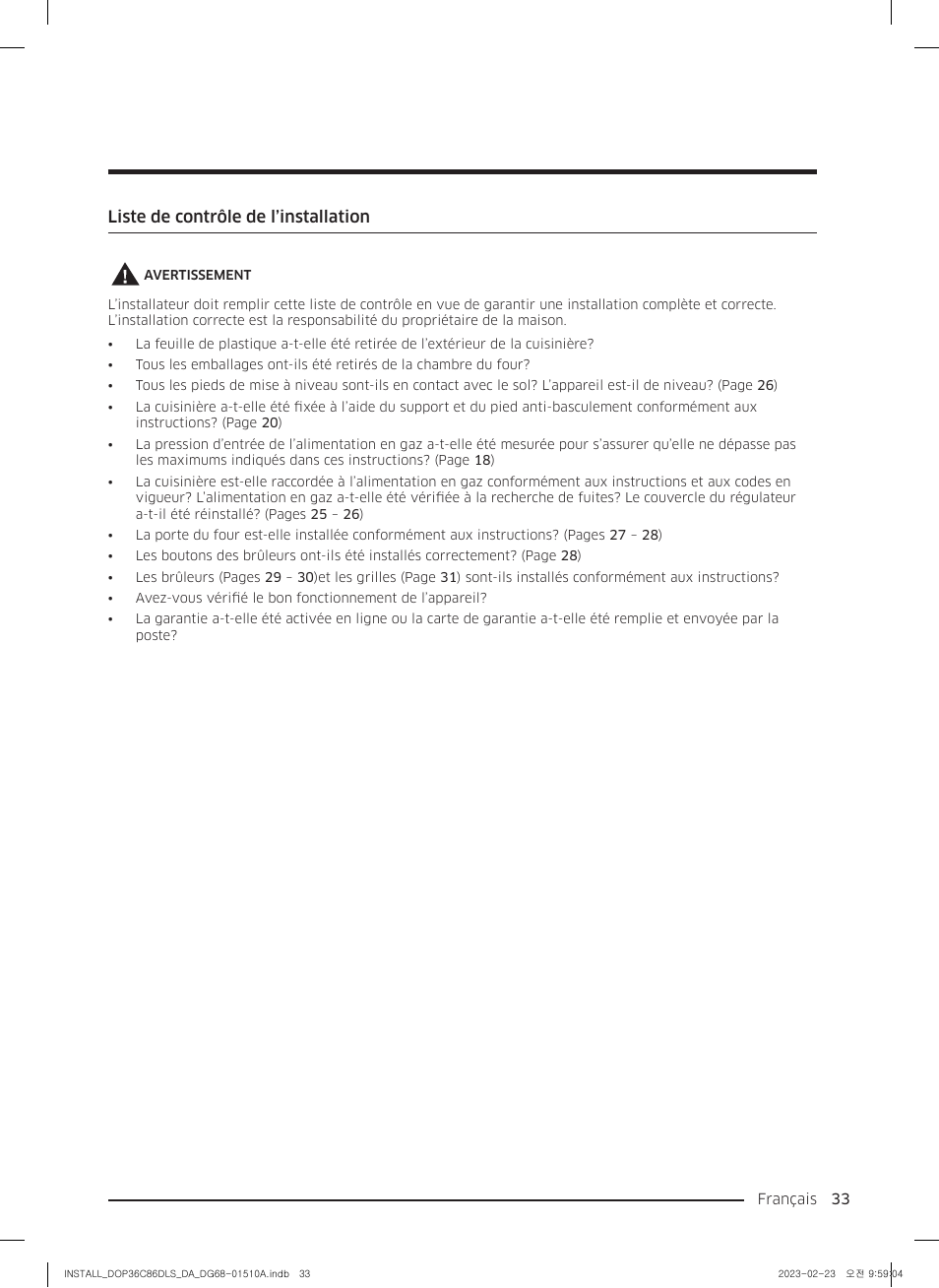 Liste de contrôle de l’installation | Dacor Contemporary 48 Inch Freestanding Dual Fuel Smart Steam Range Install Guide User Manual | Page 101 / 104