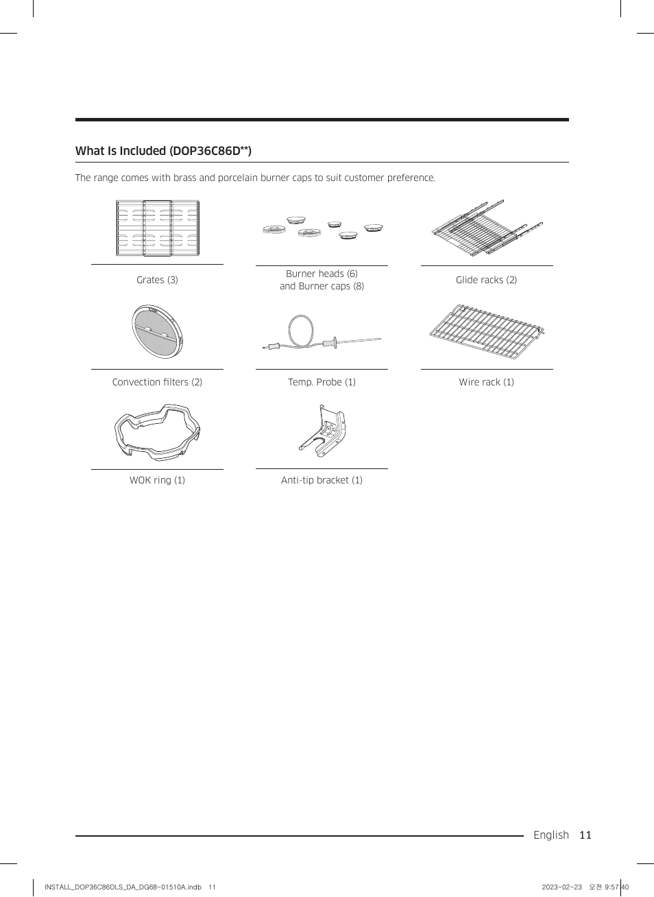 What is included (dop36c86d**) | Dacor Contemporary 48 Inch Freestanding Dual Fuel Smart Steam Range Install Guide User Manual | Page 11 / 104