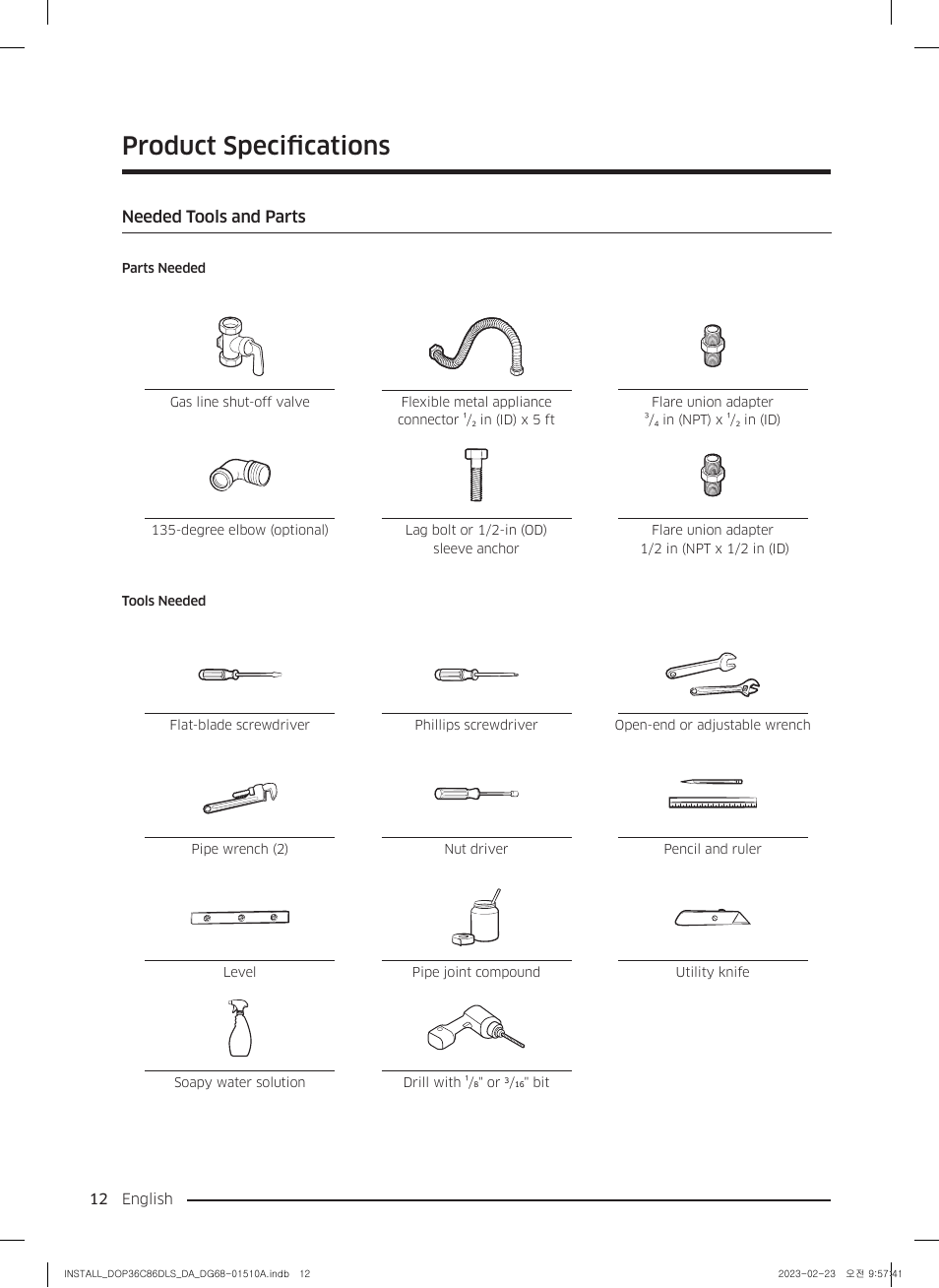 Needed tools and parts, Product specifications | Dacor Contemporary 48 Inch Freestanding Dual Fuel Smart Steam Range Install Guide User Manual | Page 12 / 104