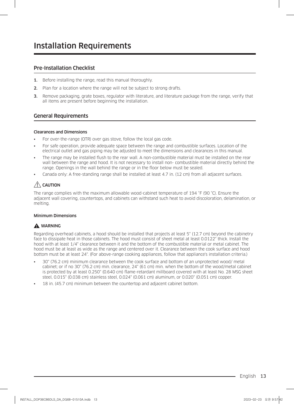 Installation requirements, Pre-installation checklist, General requirements | Dacor Contemporary 48 Inch Freestanding Dual Fuel Smart Steam Range Install Guide User Manual | Page 13 / 104