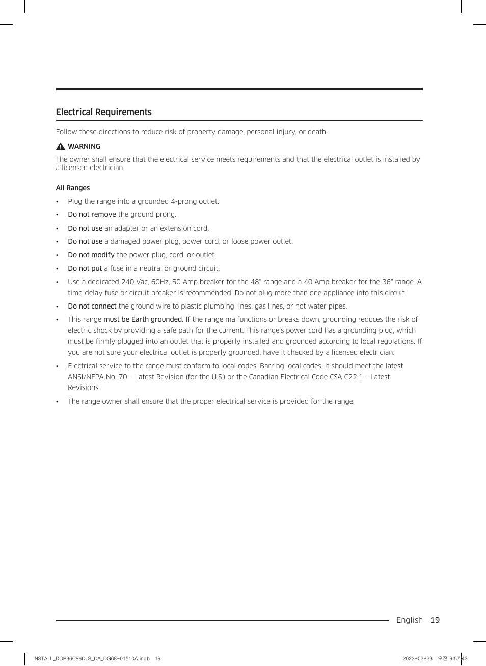 Electrical requirements | Dacor Contemporary 48 Inch Freestanding Dual Fuel Smart Steam Range Install Guide User Manual | Page 19 / 104