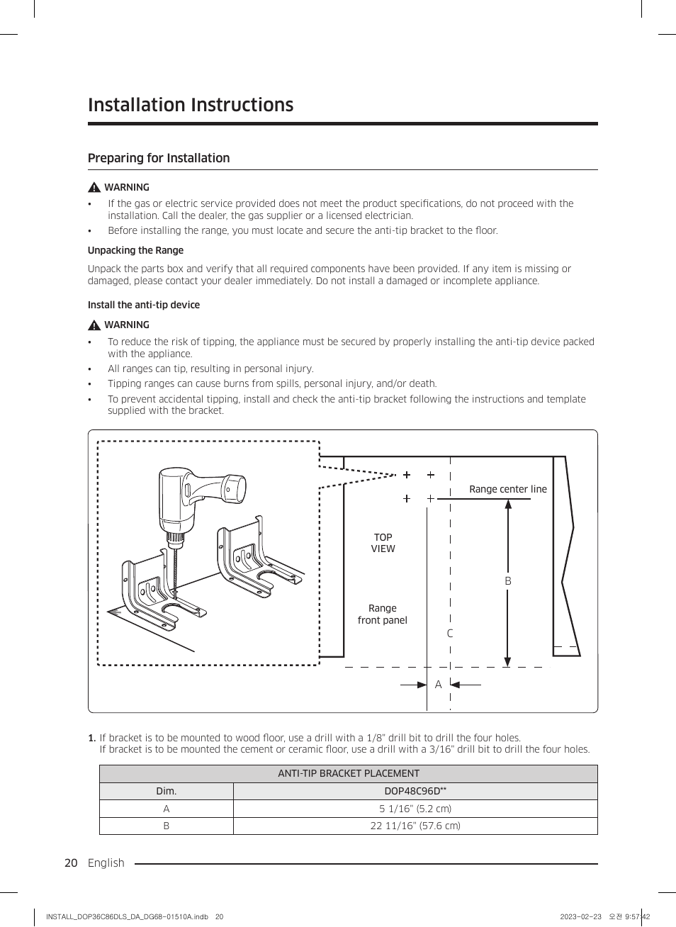 Installation instructions, Preparing for installation | Dacor Contemporary 48 Inch Freestanding Dual Fuel Smart Steam Range Install Guide User Manual | Page 20 / 104