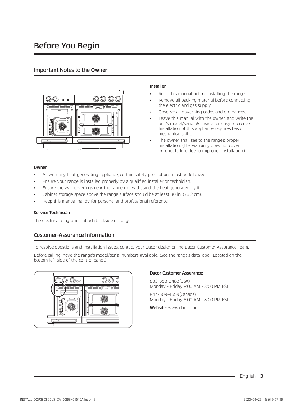 Before you begin, Important notes to the owner, Customer-assurance information | Dacor Contemporary 48 Inch Freestanding Dual Fuel Smart Steam Range Install Guide User Manual | Page 3 / 104