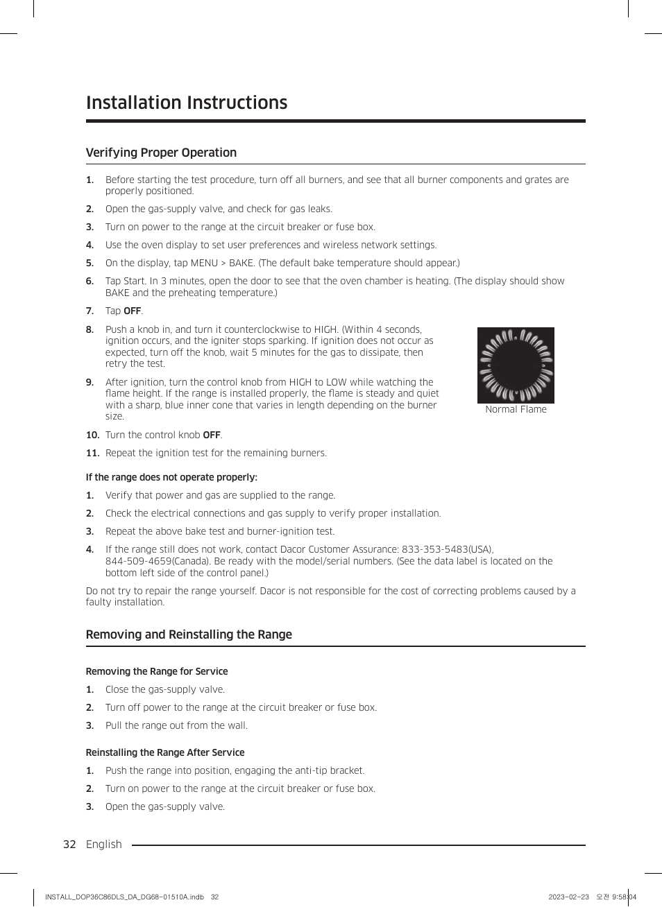 Verifying proper operation, Removing and reinstalling the range, Installation instructions | Dacor Contemporary 48 Inch Freestanding Dual Fuel Smart Steam Range Install Guide User Manual | Page 32 / 104