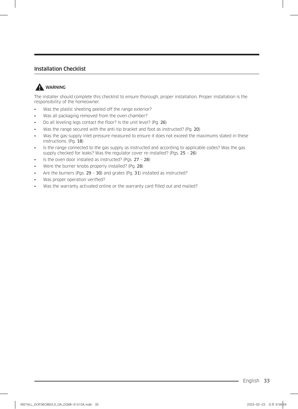 Installation checklist | Dacor Contemporary 48 Inch Freestanding Dual Fuel Smart Steam Range Install Guide User Manual | Page 33 / 104