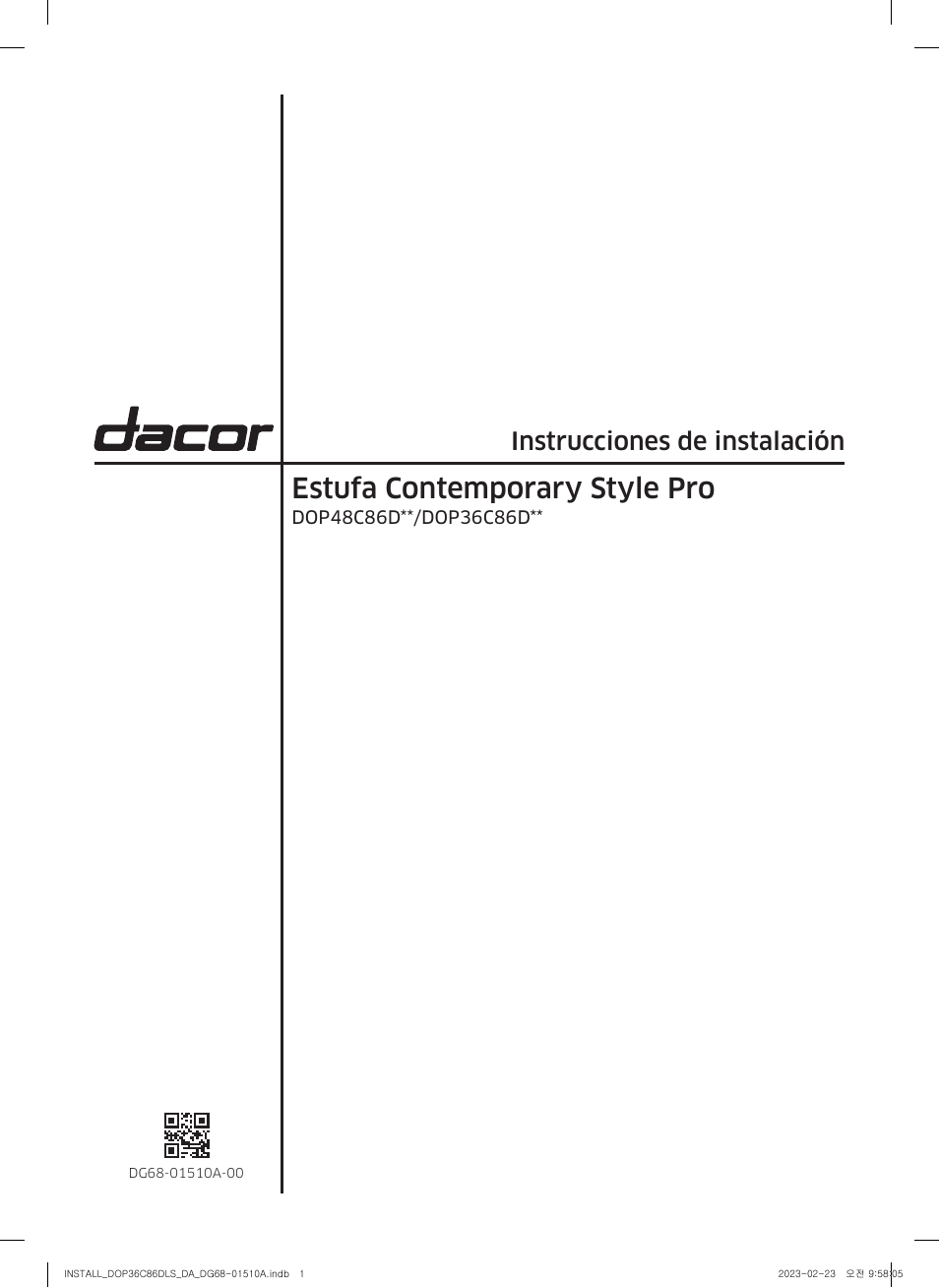 Estufa contemporary style pro, Instrucciones de instalación | Dacor Contemporary 48 Inch Freestanding Dual Fuel Smart Steam Range Install Guide User Manual | Page 35 / 104