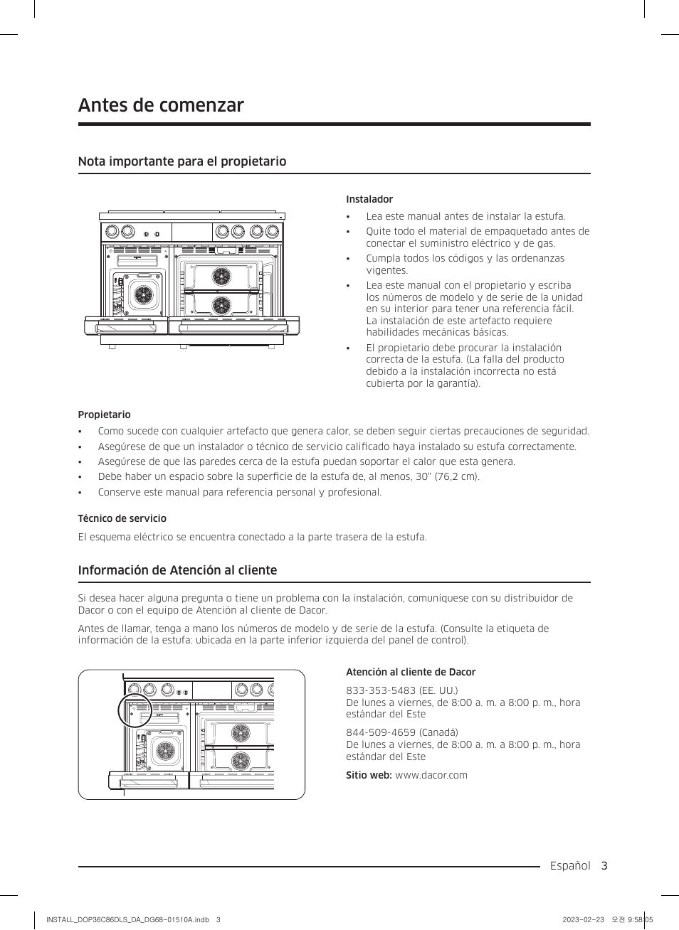 Antes de comenzar, Nota importante para el propietario, Información de atención al cliente | Dacor Contemporary 48 Inch Freestanding Dual Fuel Smart Steam Range Install Guide User Manual | Page 37 / 104