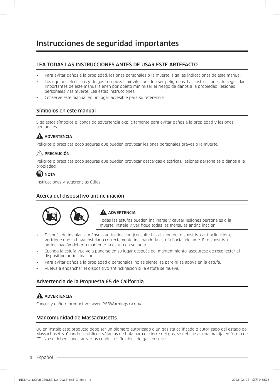 Instrucciones de seguridad importantes, Símbolos en este manual, Acerca del dispositivo antinclinación | Advertencia de la propuesta 65 de california, Mancomunidad de massachusetts | Dacor Contemporary 48 Inch Freestanding Dual Fuel Smart Steam Range Install Guide User Manual | Page 38 / 104