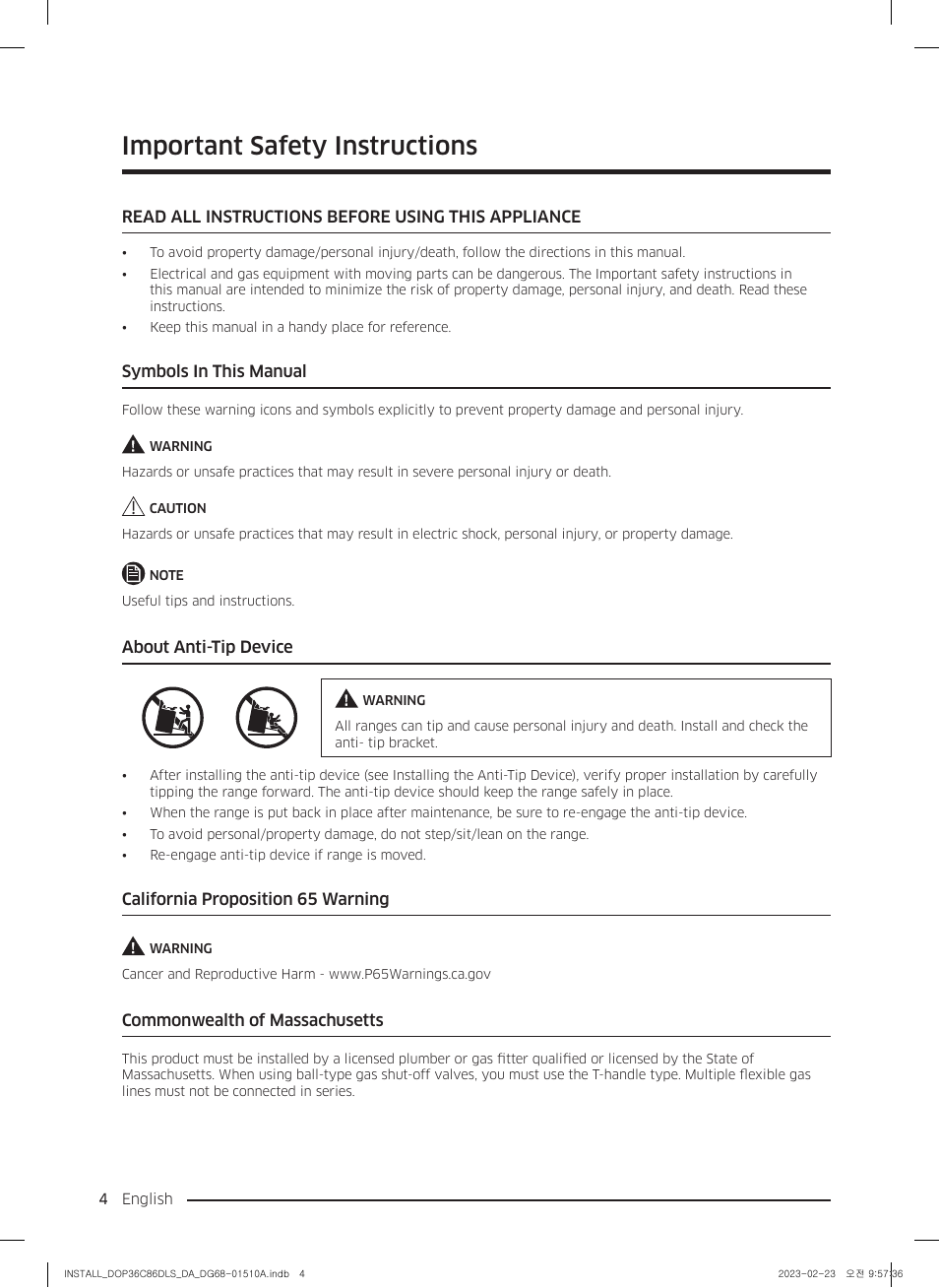 Important safety instructions, Read all instructions before using this appliance, Symbols in this manual | About anti-tip device, California proposition 65 warning, Commonwealth of massachusetts | Dacor Contemporary 48 Inch Freestanding Dual Fuel Smart Steam Range Install Guide User Manual | Page 4 / 104