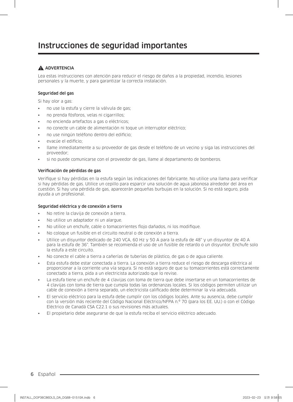 Instrucciones de seguridad importantes | Dacor Contemporary 48 Inch Freestanding Dual Fuel Smart Steam Range Install Guide User Manual | Page 40 / 104