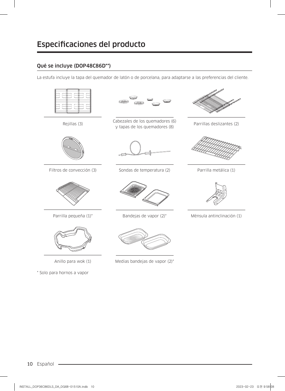 Especificaciones del producto, Qué se incluye (dop48c86d**) | Dacor Contemporary 48 Inch Freestanding Dual Fuel Smart Steam Range Install Guide User Manual | Page 44 / 104