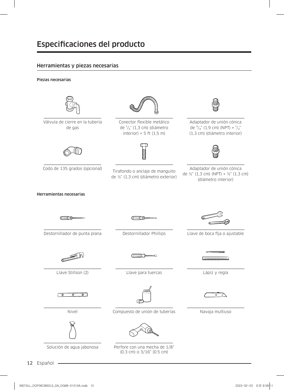 Herramientas y piezas necesarias, Especificaciones del producto | Dacor Contemporary 48 Inch Freestanding Dual Fuel Smart Steam Range Install Guide User Manual | Page 46 / 104