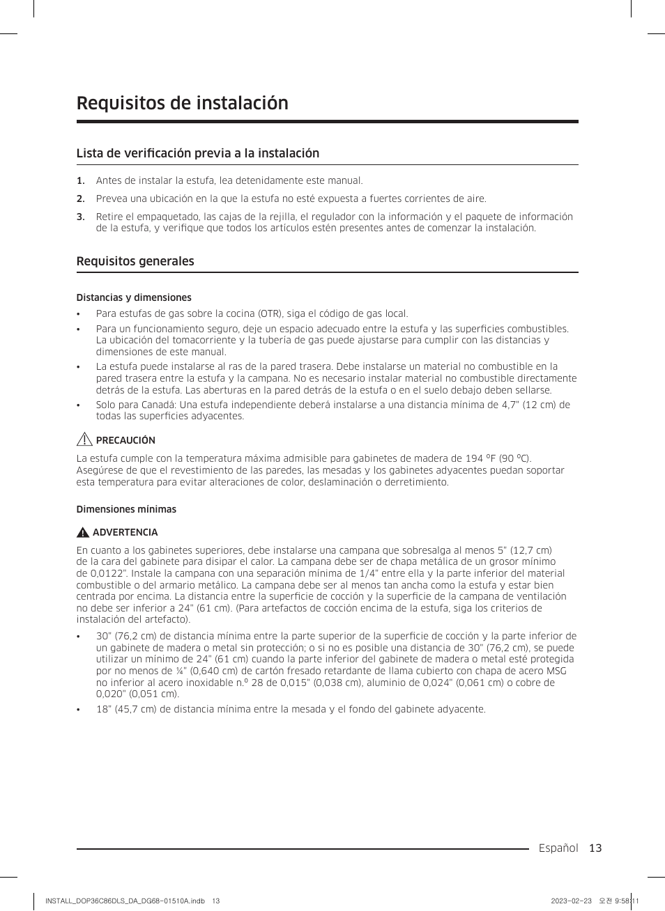 Requisitos de instalación, Lista de verificación previa a la instalación, Requisitos generales | Dacor Contemporary 48 Inch Freestanding Dual Fuel Smart Steam Range Install Guide User Manual | Page 47 / 104