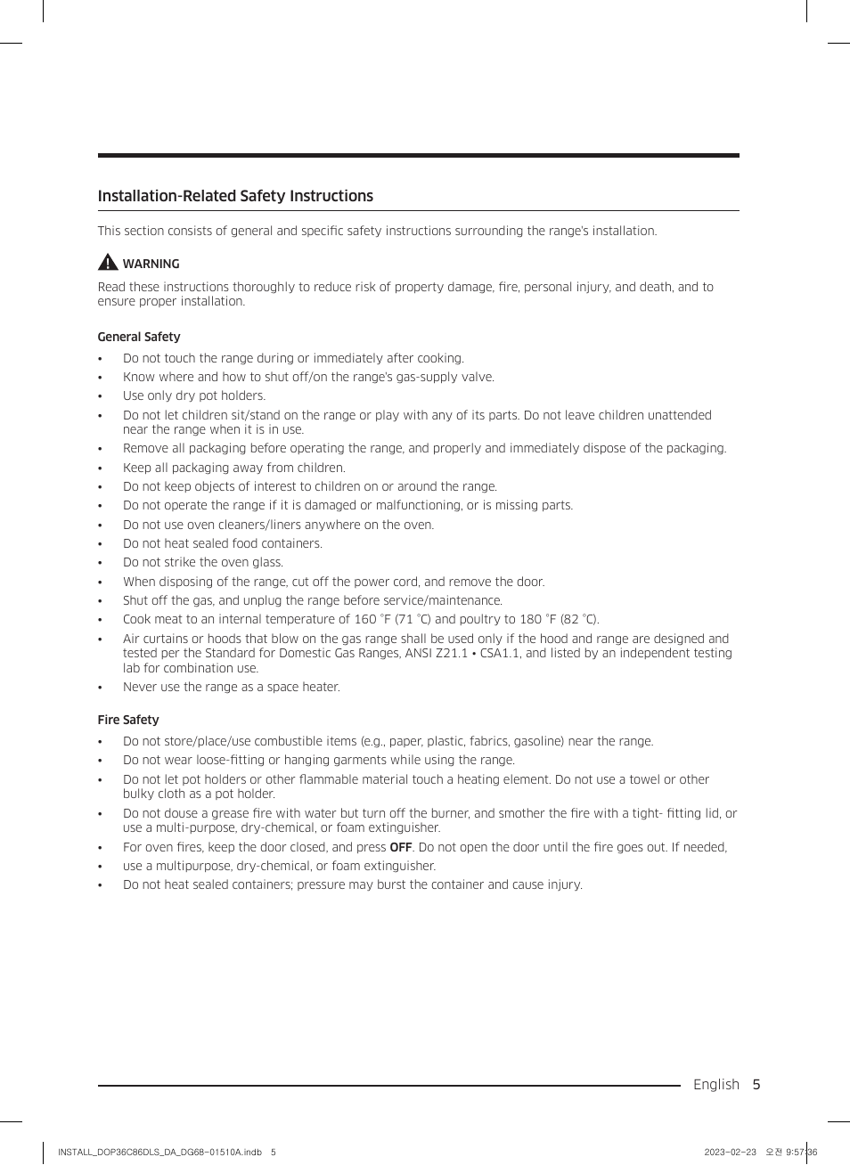 Installation-related safety instructions | Dacor Contemporary 48 Inch Freestanding Dual Fuel Smart Steam Range Install Guide User Manual | Page 5 / 104