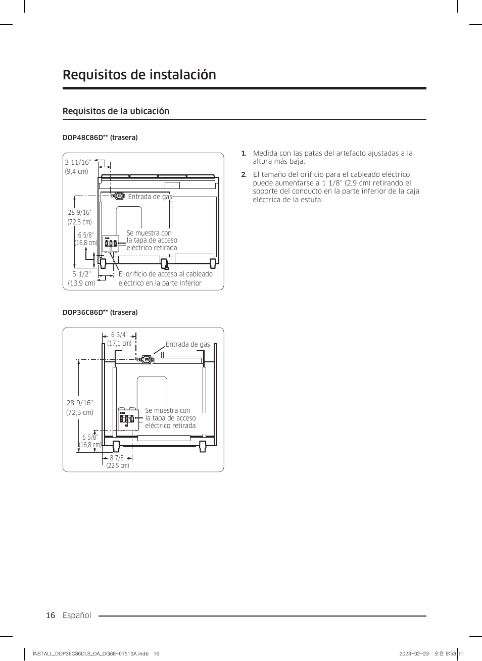 Requisitos de la ubicación, Requisitos de instalación | Dacor Contemporary 48 Inch Freestanding Dual Fuel Smart Steam Range Install Guide User Manual | Page 50 / 104