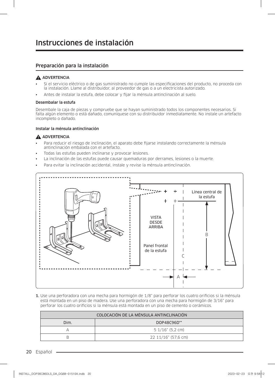 Instrucciones de instalación, Preparación para la instalación | Dacor Contemporary 48 Inch Freestanding Dual Fuel Smart Steam Range Install Guide User Manual | Page 54 / 104