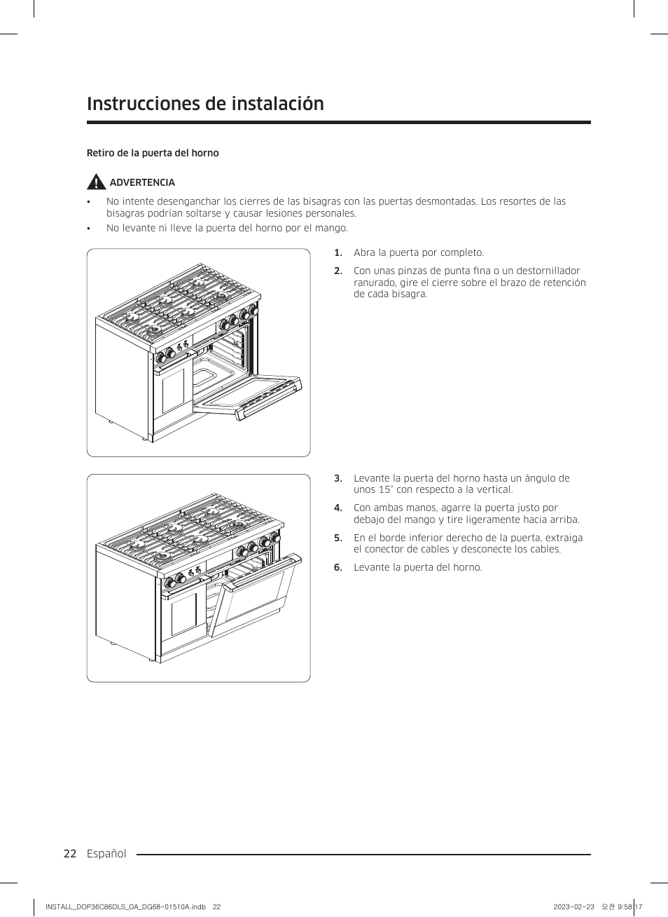 Instrucciones de instalación | Dacor Contemporary 48 Inch Freestanding Dual Fuel Smart Steam Range Install Guide User Manual | Page 56 / 104