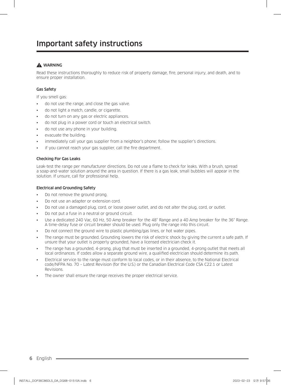 Important safety instructions | Dacor Contemporary 48 Inch Freestanding Dual Fuel Smart Steam Range Install Guide User Manual | Page 6 / 104