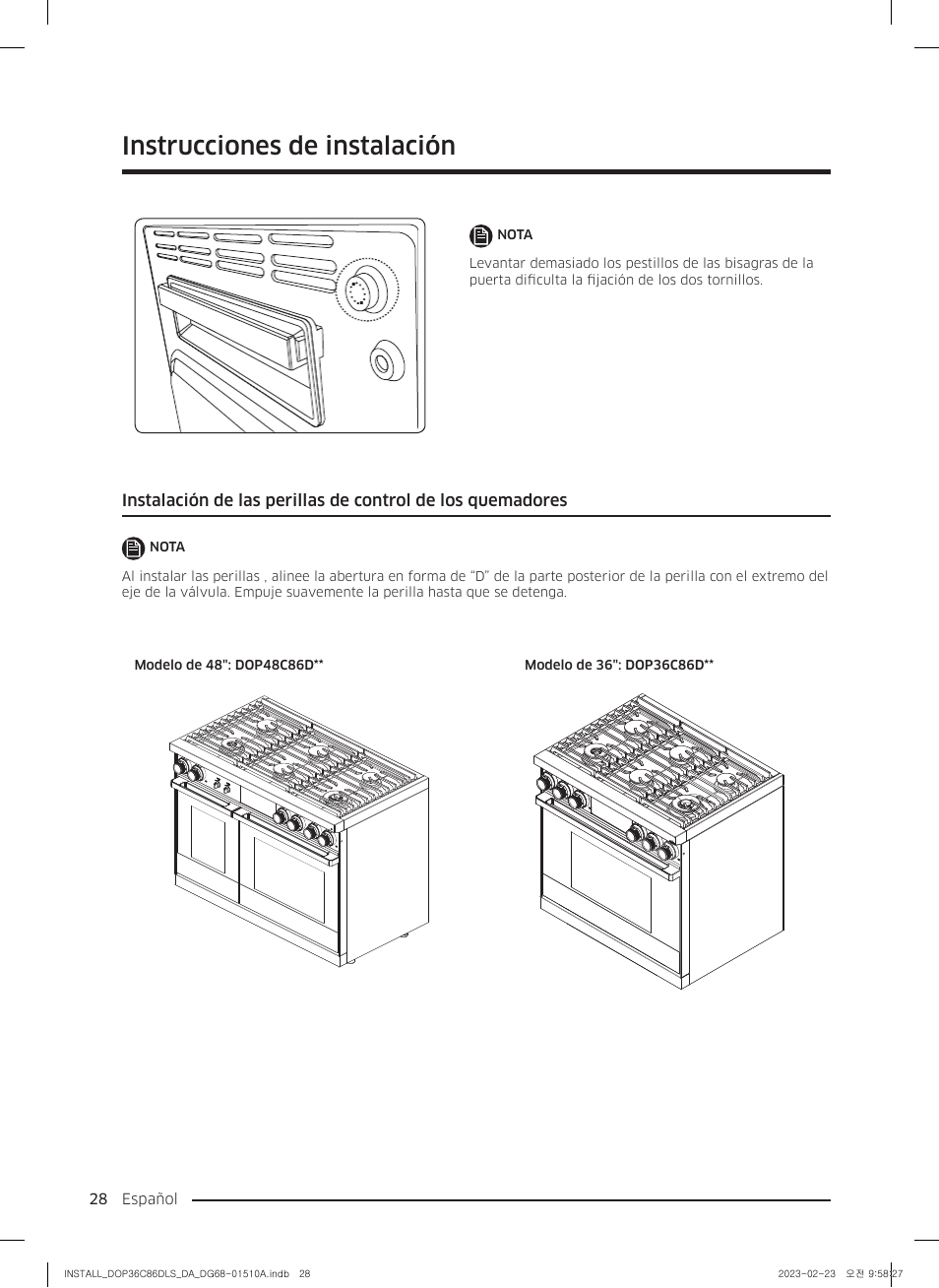 Instrucciones de instalación | Dacor Contemporary 48 Inch Freestanding Dual Fuel Smart Steam Range Install Guide User Manual | Page 62 / 104