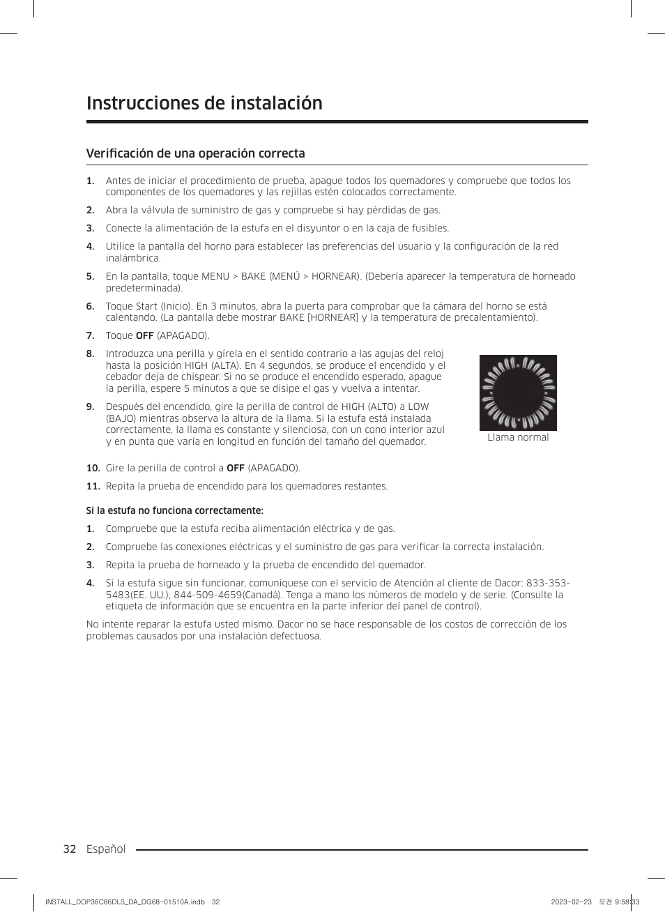 Verificación de una operación correcta, Instrucciones de instalación | Dacor Contemporary 48 Inch Freestanding Dual Fuel Smart Steam Range Install Guide User Manual | Page 66 / 104