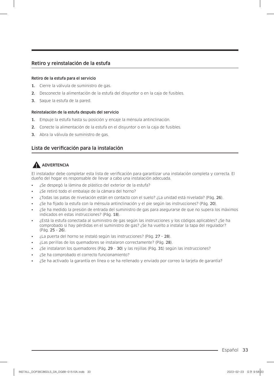 Retiro y reinstalación de la estufa, Lista de verificación para la instalación | Dacor Contemporary 48 Inch Freestanding Dual Fuel Smart Steam Range Install Guide User Manual | Page 67 / 104