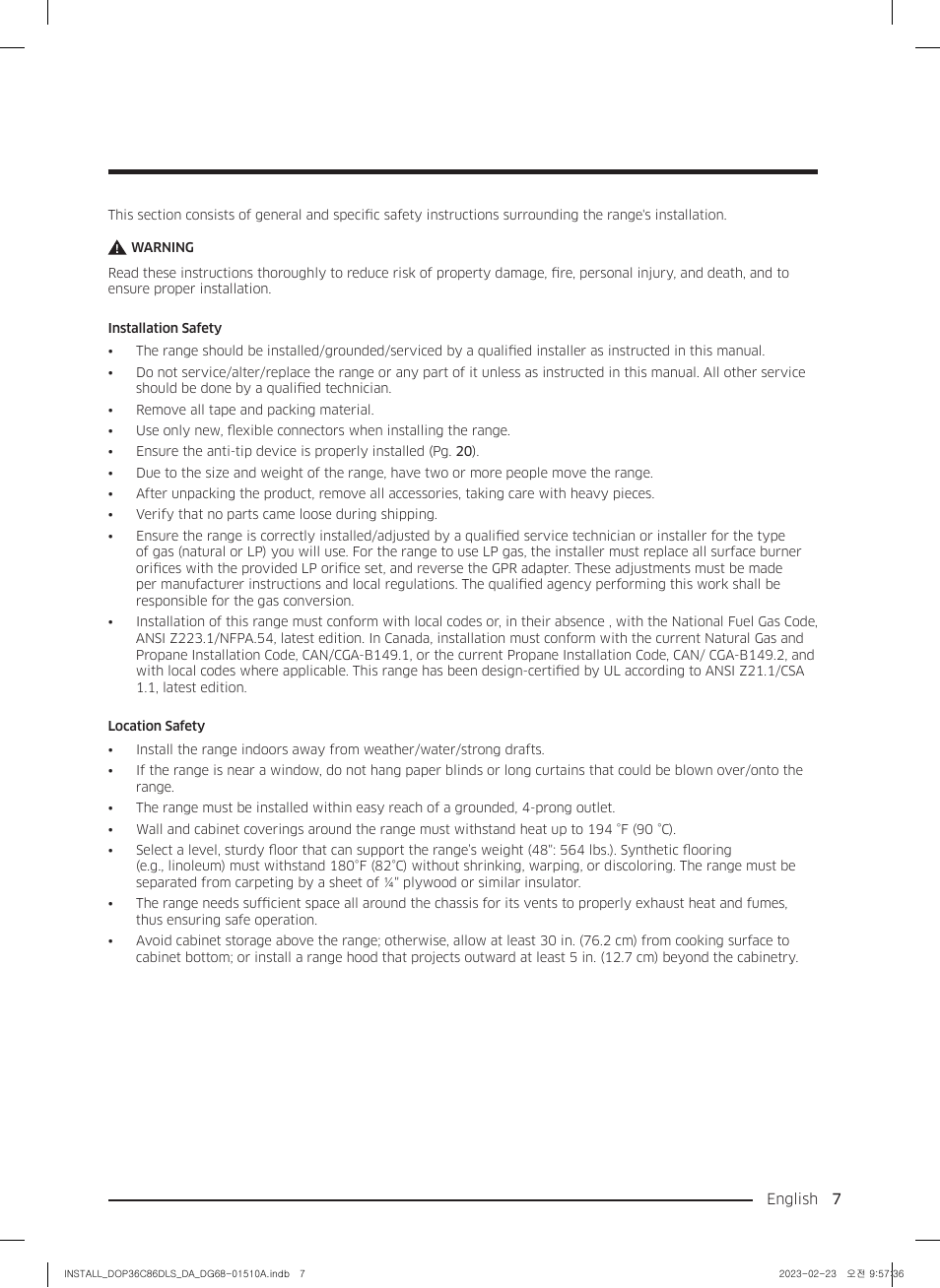 Dacor Contemporary 48 Inch Freestanding Dual Fuel Smart Steam Range Install Guide User Manual | Page 7 / 104