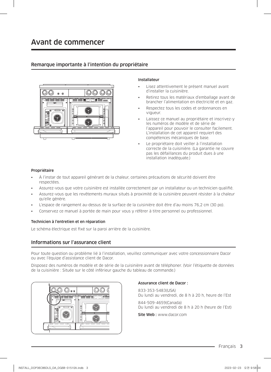 Avant de commencer, Remarque importante à l’intention du propriétaire, Informations sur l’assurance client | Dacor Contemporary 48 Inch Freestanding Dual Fuel Smart Steam Range Install Guide User Manual | Page 71 / 104