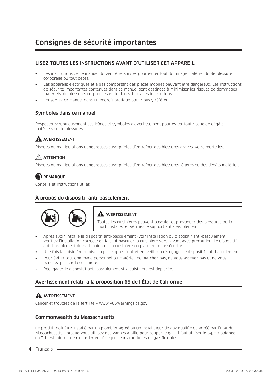 Consignes de sécurité importantes, Symboles dans ce manuel, À propos du dispositif anti-basculement | Commonwealth du massachusetts | Dacor Contemporary 48 Inch Freestanding Dual Fuel Smart Steam Range Install Guide User Manual | Page 72 / 104