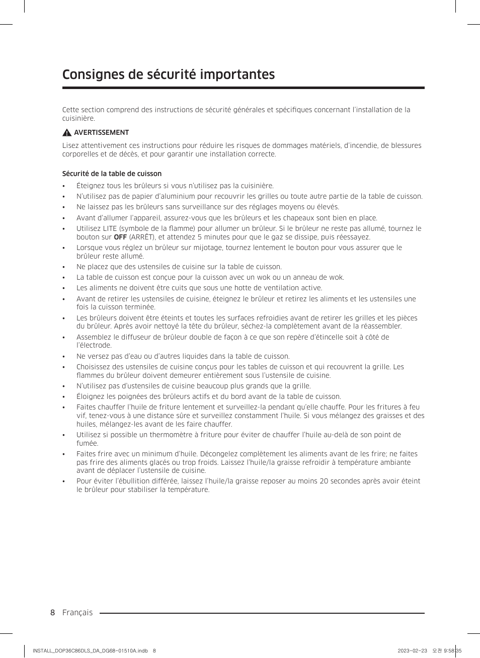 Consignes de sécurité importantes | Dacor Contemporary 48 Inch Freestanding Dual Fuel Smart Steam Range Install Guide User Manual | Page 76 / 104