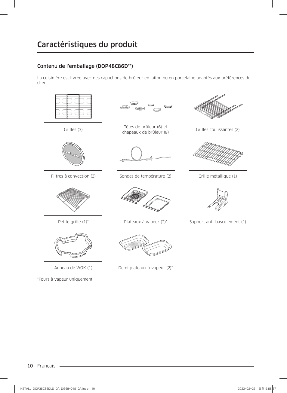 Caractéristiques du produit, Contenu de l’emballage (dop48c86d**) | Dacor Contemporary 48 Inch Freestanding Dual Fuel Smart Steam Range Install Guide User Manual | Page 78 / 104