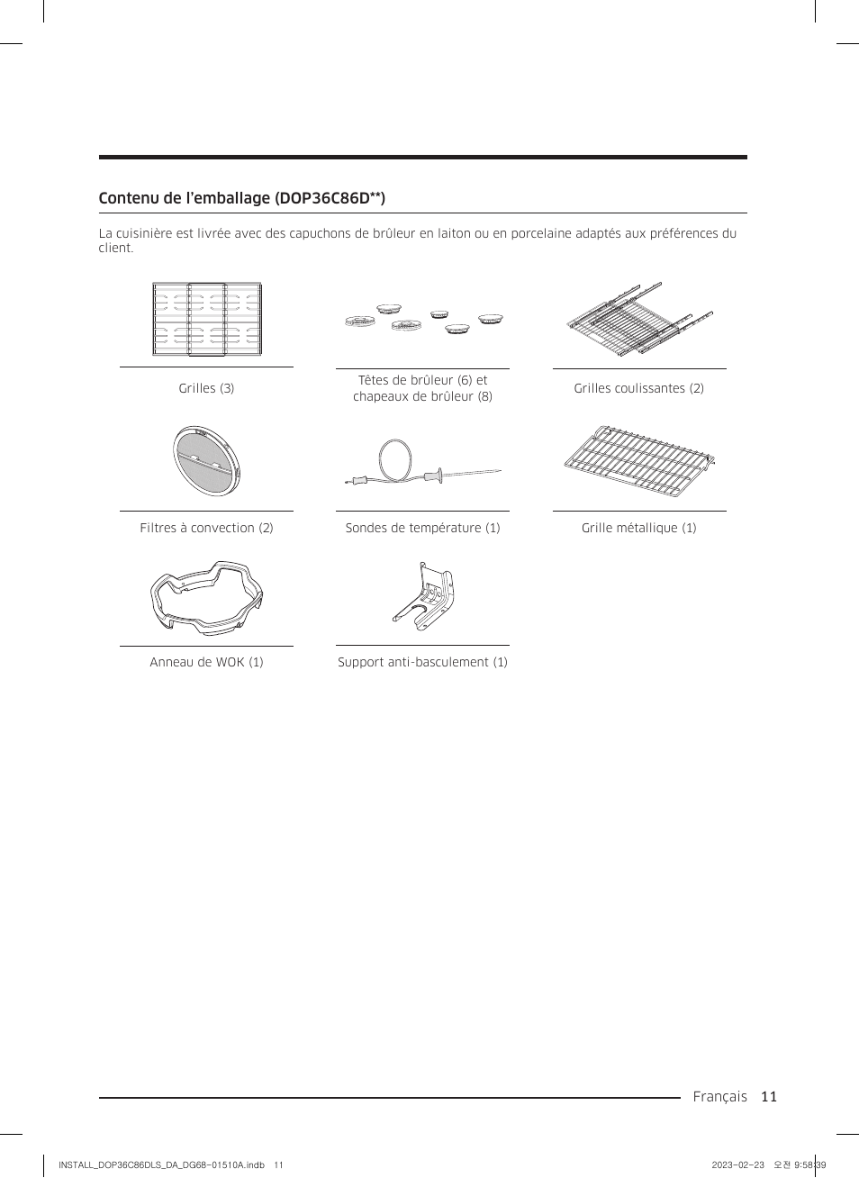 Contenu de l’emballage (dop36c86d**) | Dacor Contemporary 48 Inch Freestanding Dual Fuel Smart Steam Range Install Guide User Manual | Page 79 / 104