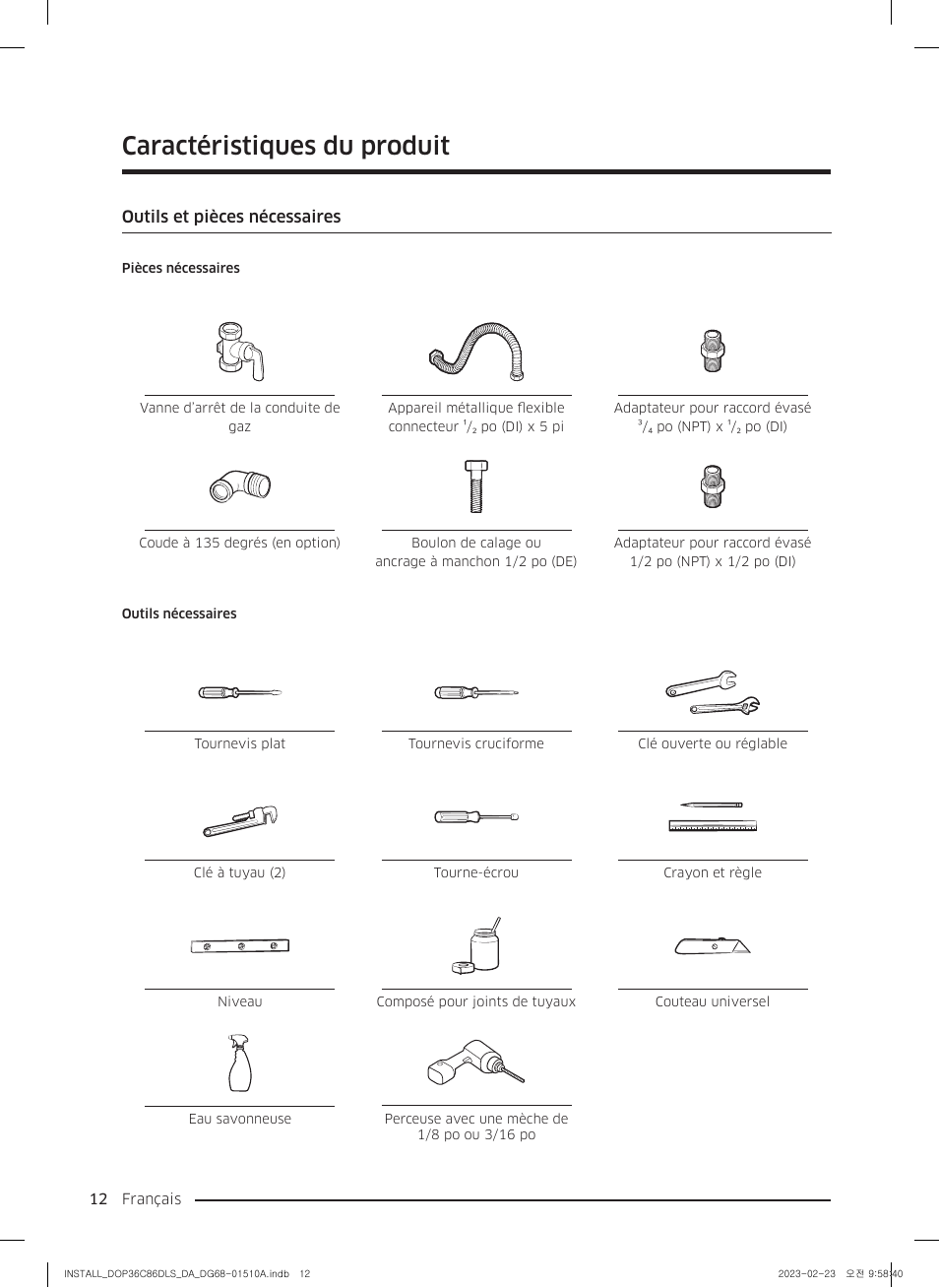 Outils et pièces nécessaires, Caractéristiques du produit | Dacor Contemporary 48 Inch Freestanding Dual Fuel Smart Steam Range Install Guide User Manual | Page 80 / 104