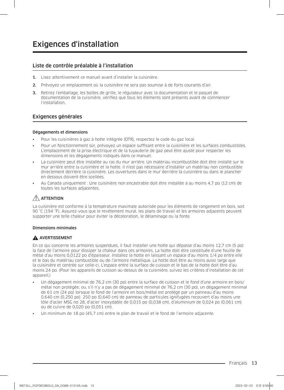 Exigences d'installation, Liste de contrôle préalable à l’installation, Exigences générales | Dacor Contemporary 48 Inch Freestanding Dual Fuel Smart Steam Range Install Guide User Manual | Page 81 / 104