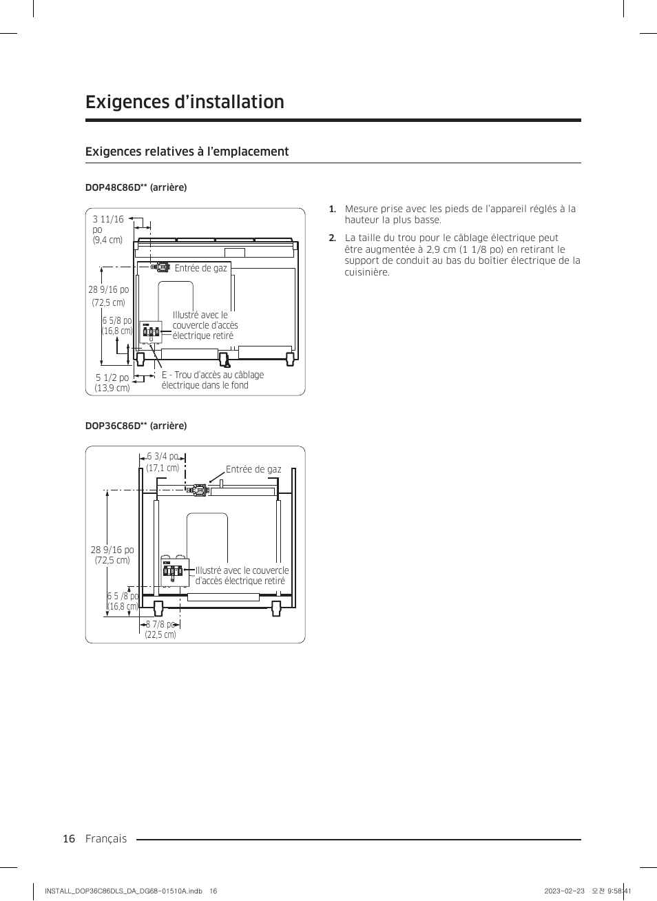 Exigences relatives à l’emplacement, Exigences d’installation | Dacor Contemporary 48 Inch Freestanding Dual Fuel Smart Steam Range Install Guide User Manual | Page 84 / 104