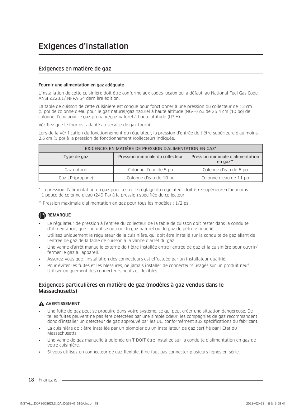 Exigences en matière de gaz, Exigences d’installation | Dacor Contemporary 48 Inch Freestanding Dual Fuel Smart Steam Range Install Guide User Manual | Page 86 / 104