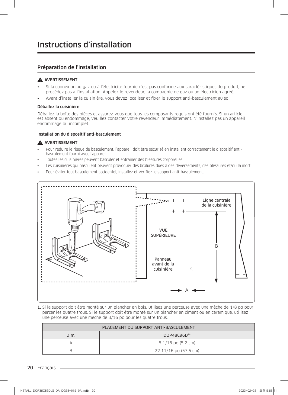 Instructions d’installation, Préparation de l’installation | Dacor Contemporary 48 Inch Freestanding Dual Fuel Smart Steam Range Install Guide User Manual | Page 88 / 104