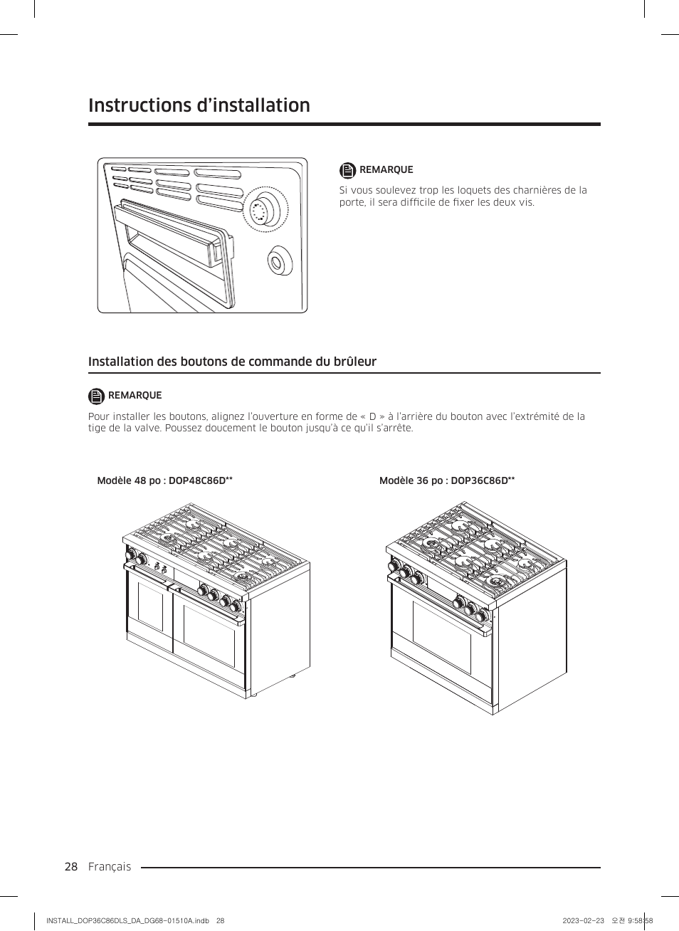 Installation des boutons de commande du brûleur, Instructions d’installation | Dacor Contemporary 48 Inch Freestanding Dual Fuel Smart Steam Range Install Guide User Manual | Page 96 / 104