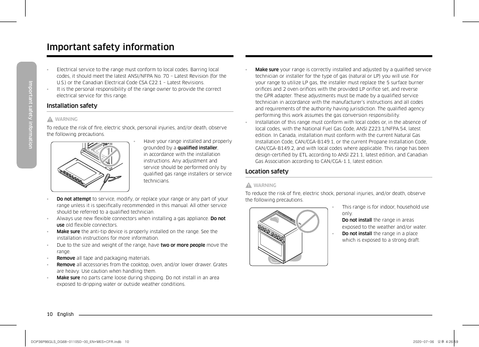 Installation safety, Location safety, Important safety information | Dacor Transitional 36 Inch Freestanding Gas Smart Range Use & Care Manual User Manual | Page 10 / 168