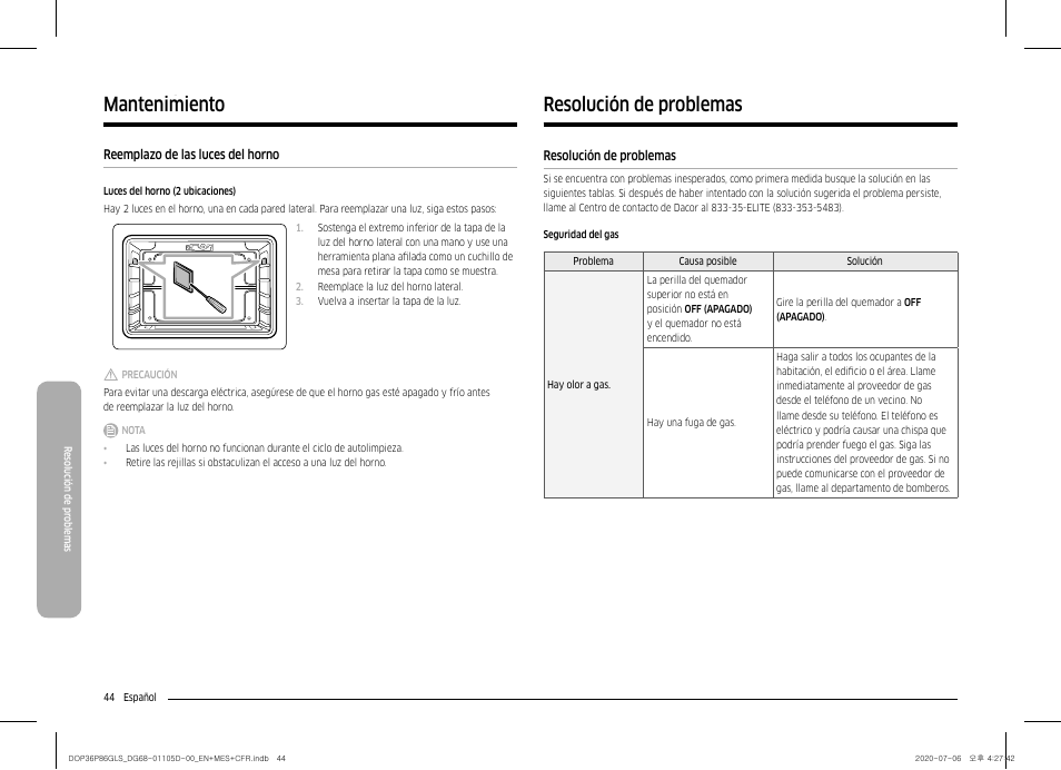 Reemplazo de las luces del horno, Resolución de problemas, Mantenimiento | Dacor Transitional 36 Inch Freestanding Gas Smart Range Use & Care Manual User Manual | Page 100 / 168