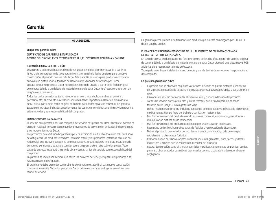 Garantía 49, Garantía | Dacor Transitional 36 Inch Freestanding Gas Smart Range Use & Care Manual User Manual | Page 105 / 168