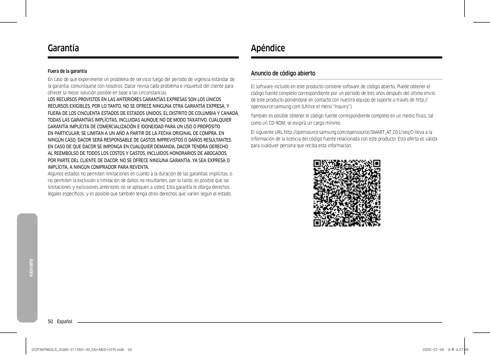 Apéndice 50, Apéndice, Garantía apéndice | Dacor Transitional 36 Inch Freestanding Gas Smart Range Use & Care Manual User Manual | Page 106 / 168