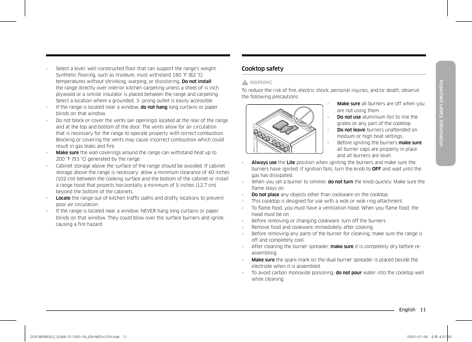 Cooktop safety | Dacor Transitional 36 Inch Freestanding Gas Smart Range Use & Care Manual User Manual | Page 11 / 168