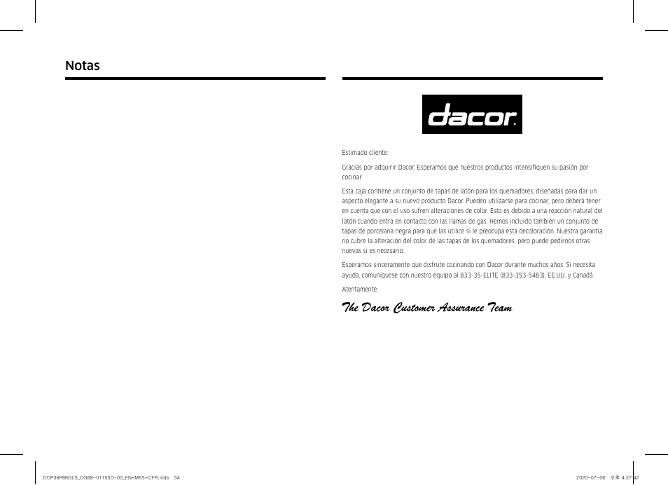 Notas | Dacor Transitional 36 Inch Freestanding Gas Smart Range Use & Care Manual User Manual | Page 110 / 168