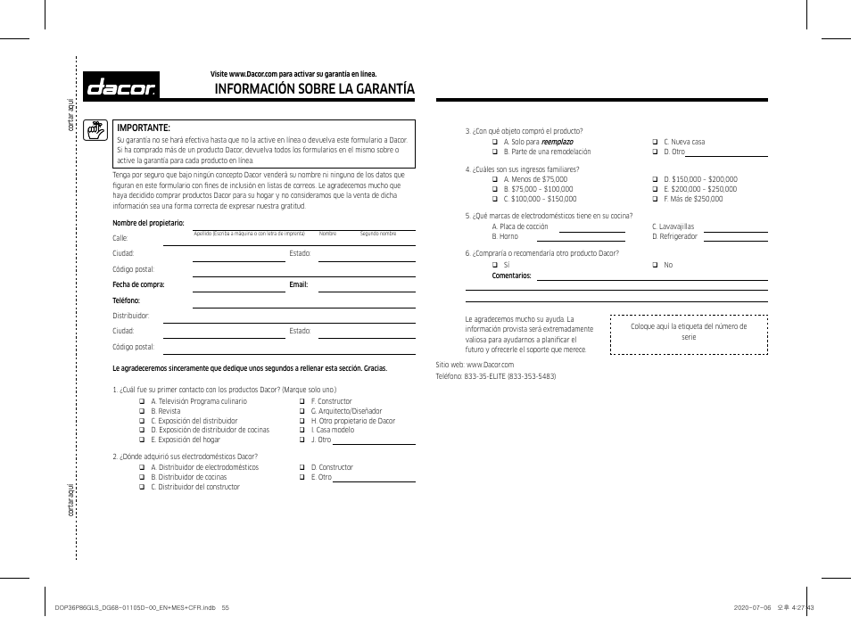 Notas, Información sobre la garantía | Dacor Transitional 36 Inch Freestanding Gas Smart Range Use & Care Manual User Manual | Page 111 / 168