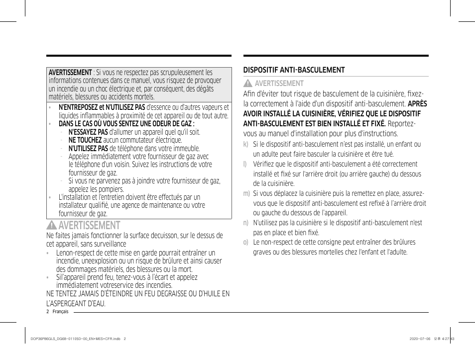 Avertissement | Dacor Transitional 36 Inch Freestanding Gas Smart Range Use & Care Manual User Manual | Page 114 / 168