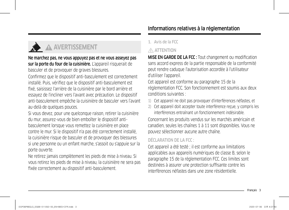 Avertissement | Dacor Transitional 36 Inch Freestanding Gas Smart Range Use & Care Manual User Manual | Page 115 / 168