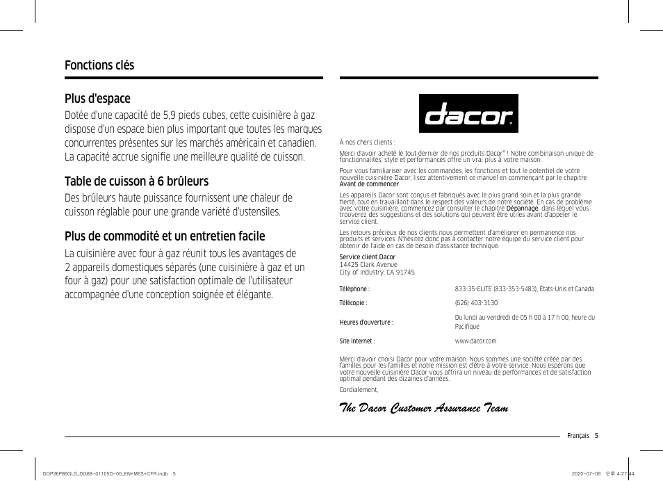 Plus d'espace, Table de cuisson à 6 brûleurs, Plus de commodité et un entretien facile | Fonctions clés | Dacor Transitional 36 Inch Freestanding Gas Smart Range Use & Care Manual User Manual | Page 117 / 168