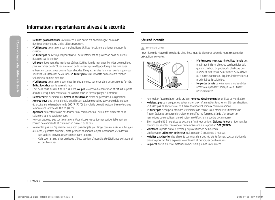 Sécurité incendie, Informations importantes relatives à la sécurité | Dacor Transitional 36 Inch Freestanding Gas Smart Range Use & Care Manual User Manual | Page 120 / 168